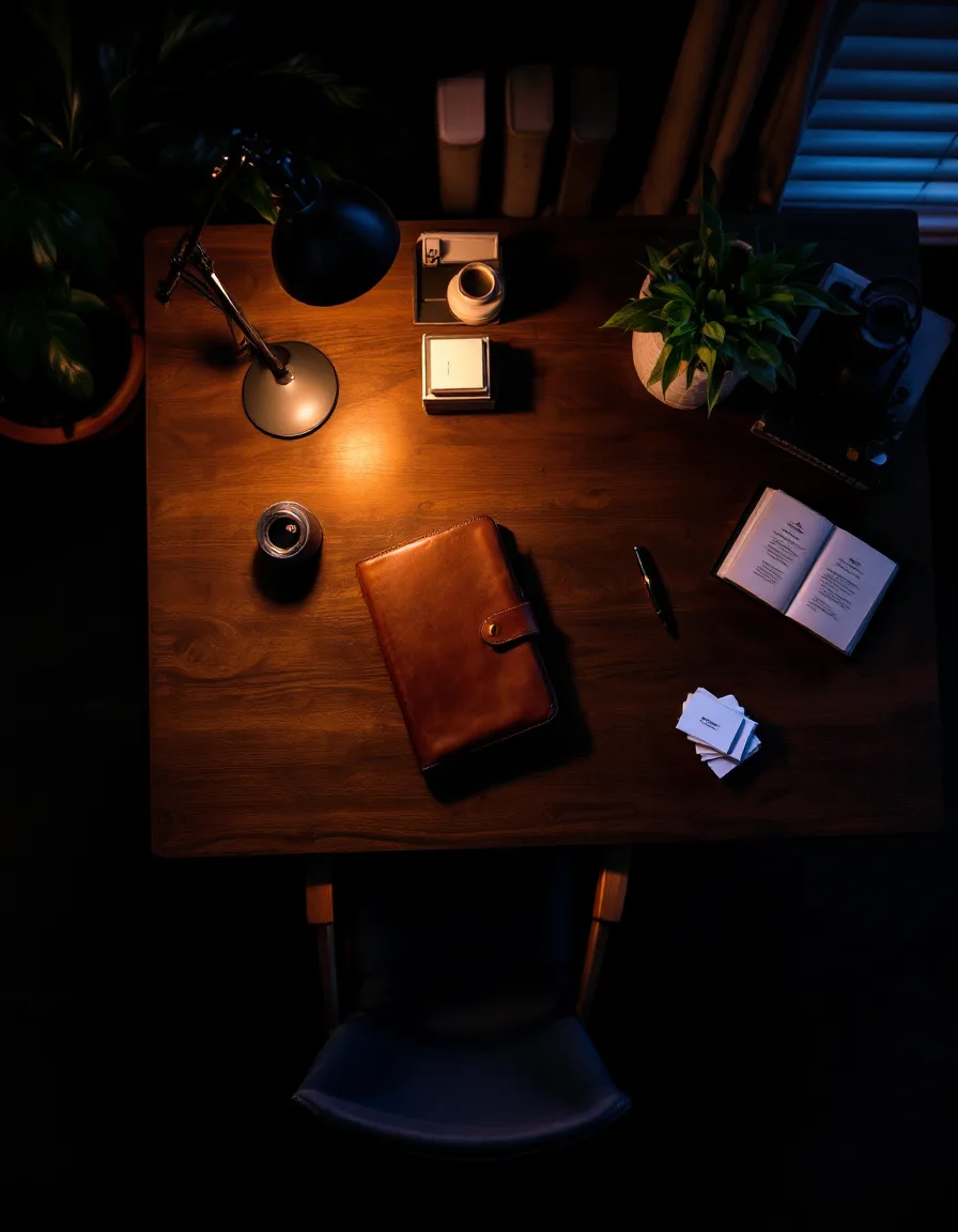 Rolodexa's founder at a walnut desk with a leather portfolio and fanned business cards under violet-edged lamplight