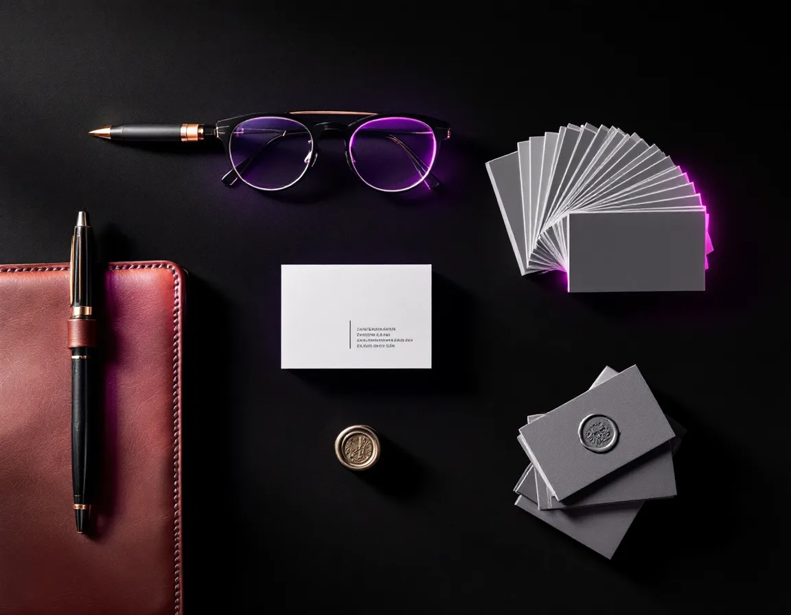 Overhead flat-lay of a leather portfolio, fountain pen, and a fanned deck of business cards under violet light