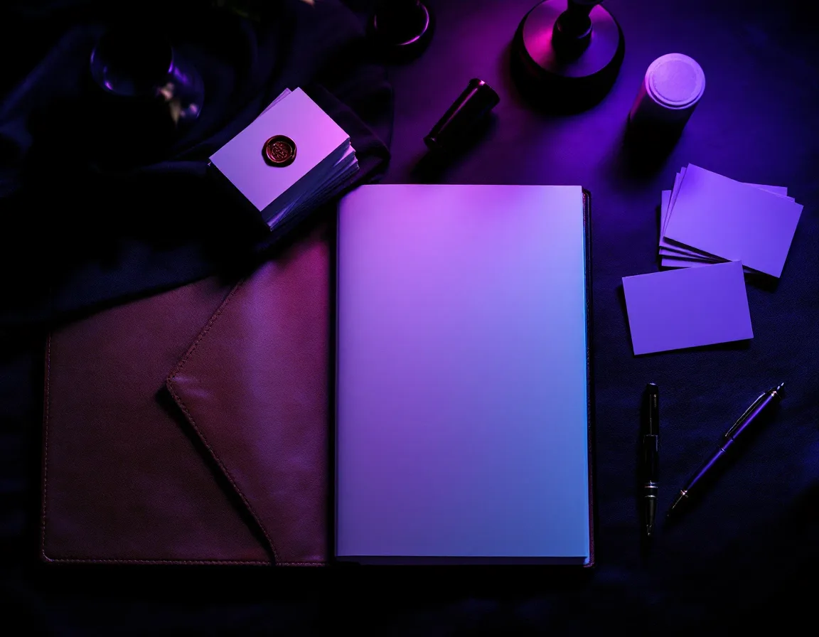 A candidate dossier open beside a wax seal stamp and a fanned deck of cards under violet light